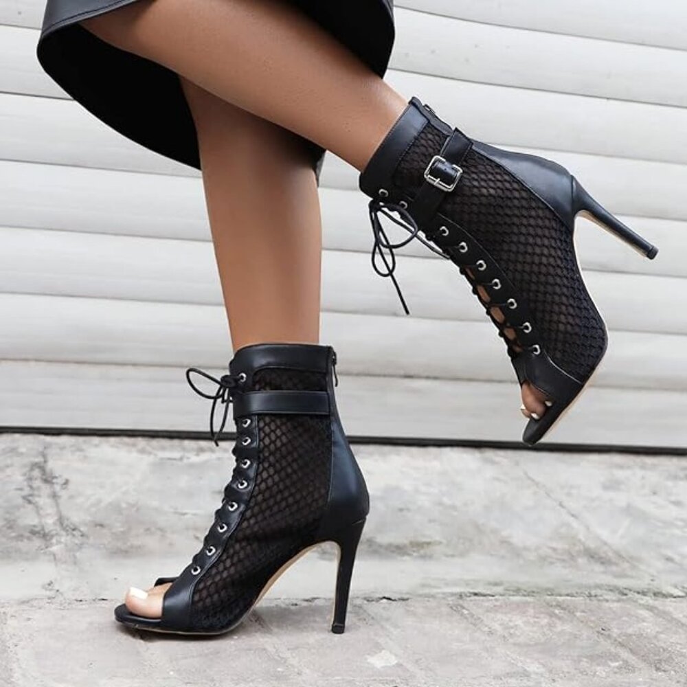 Women's Mesh Sandals Peep Toe High Top Sandals Lace Up Sexy Pump Shoes Open toe